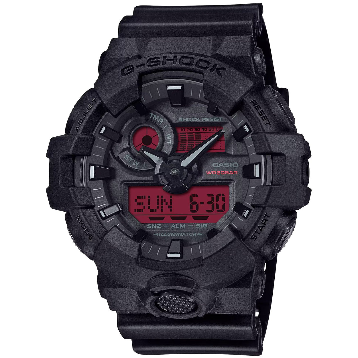 Casio G-Shock GA-700BBR-1AER digital unisexklocka med svart urtavla och armband i resin
