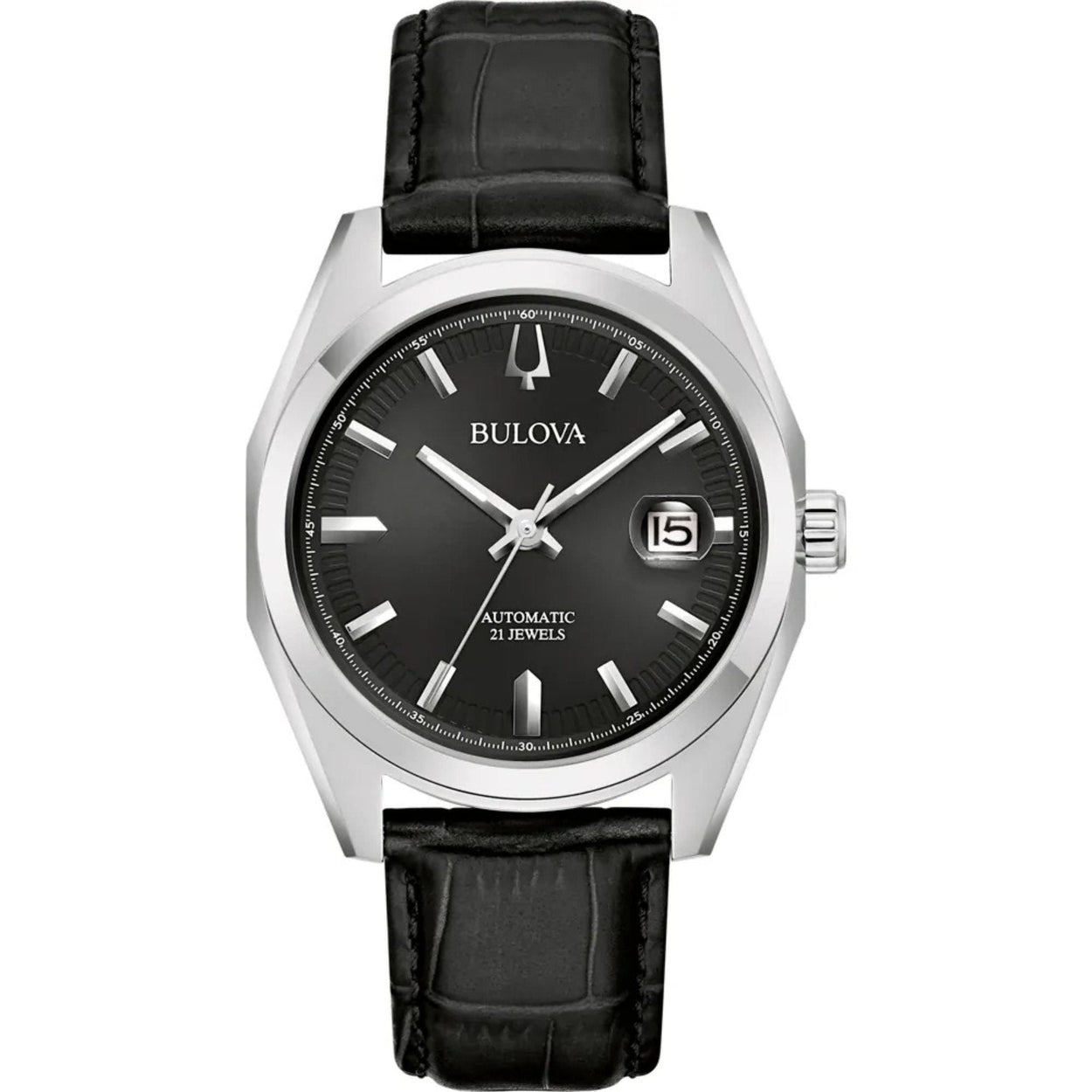 Bulova Surveyor 96B435 analog herrklocka med svart urtavla och armband i läder