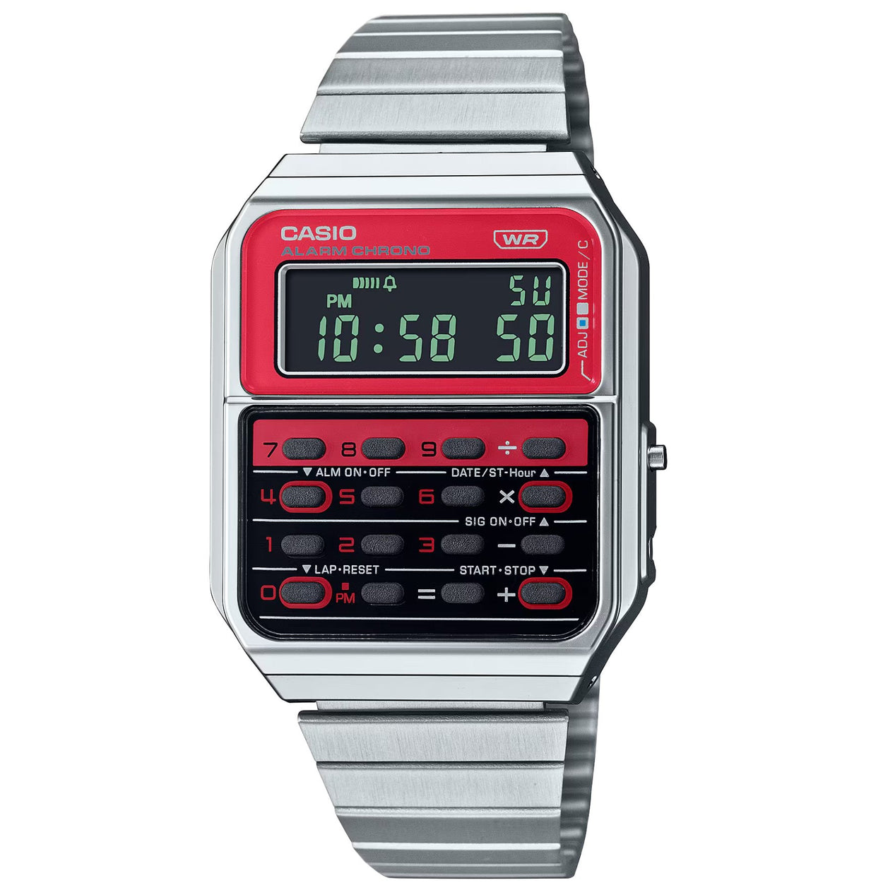 Casio Vintage CA-500WE-4BEF digital unisexklocka med rött urtavla och armband i rostfritt stål