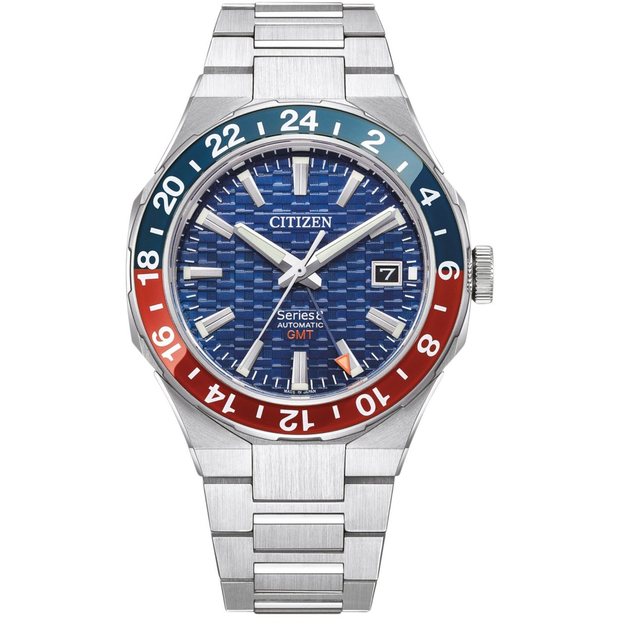 Citizen Series 8 GMT NB6030-59L analog herrklocka med blå urtavla och armband i rostfritt stål
