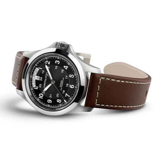 Hamilton Khaki Field King H64455533 analog herrklocka med svart urtavla och armband i läder