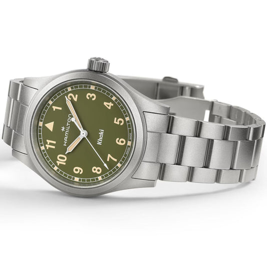 Hamilton Khaki Field H69401160 analog herrklocka med grön urtavla och armband i rostfritt stål