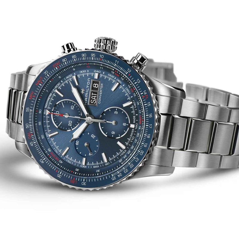 Hamilton Khaki Aviation Converter Auto Chrono H76746140 analog herrklocka med blå urtavla och armband i rostfritt stål