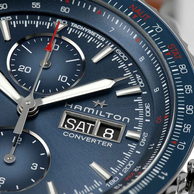 Hamilton Khaki Aviation Converter Auto Chrono H76746140 analog herrklocka med blå urtavla och armband i rostfritt stål