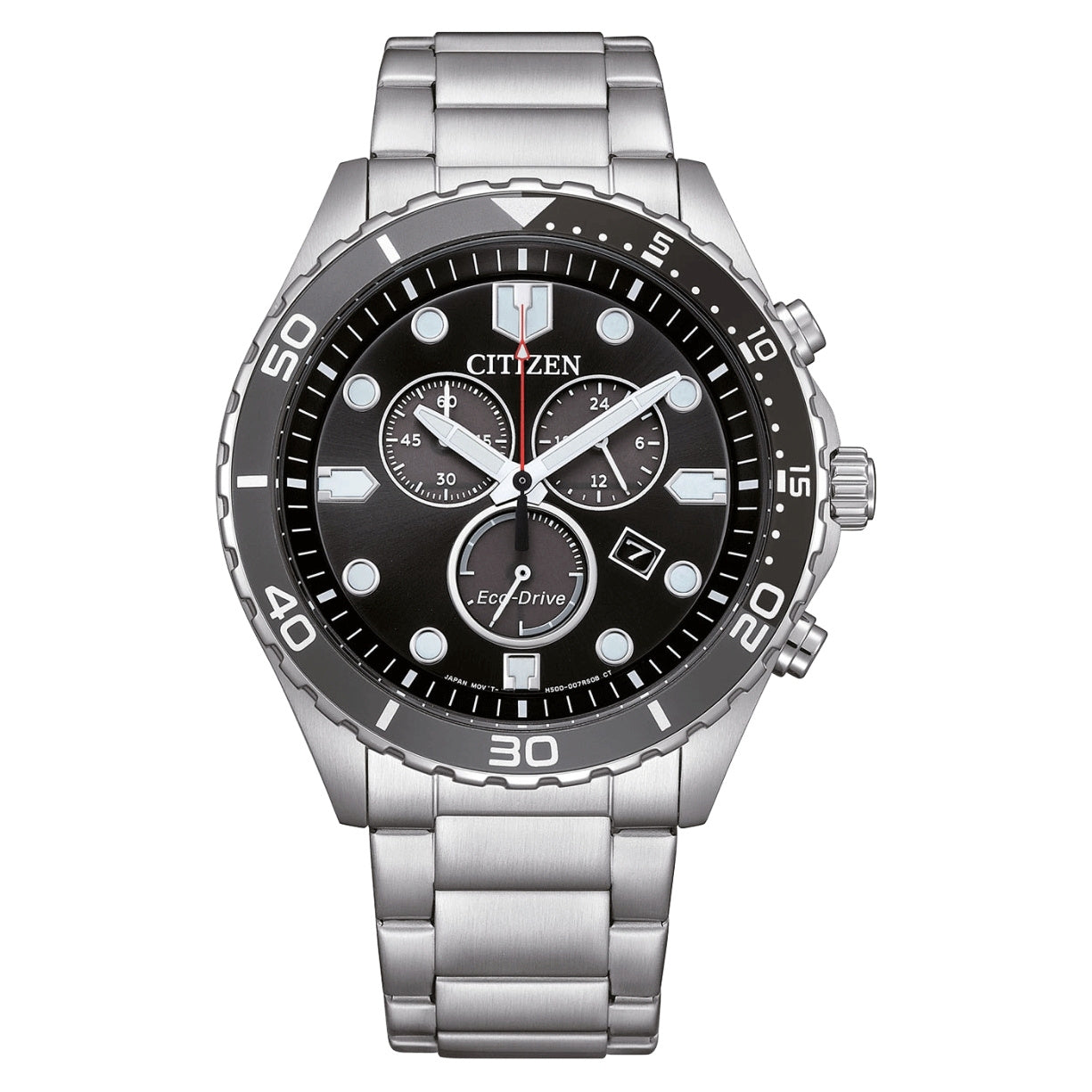 Citizen Eco-Drive Chronograph AT2568-82E analog herrklocka med svart urtavla och armband i rostfritt stål