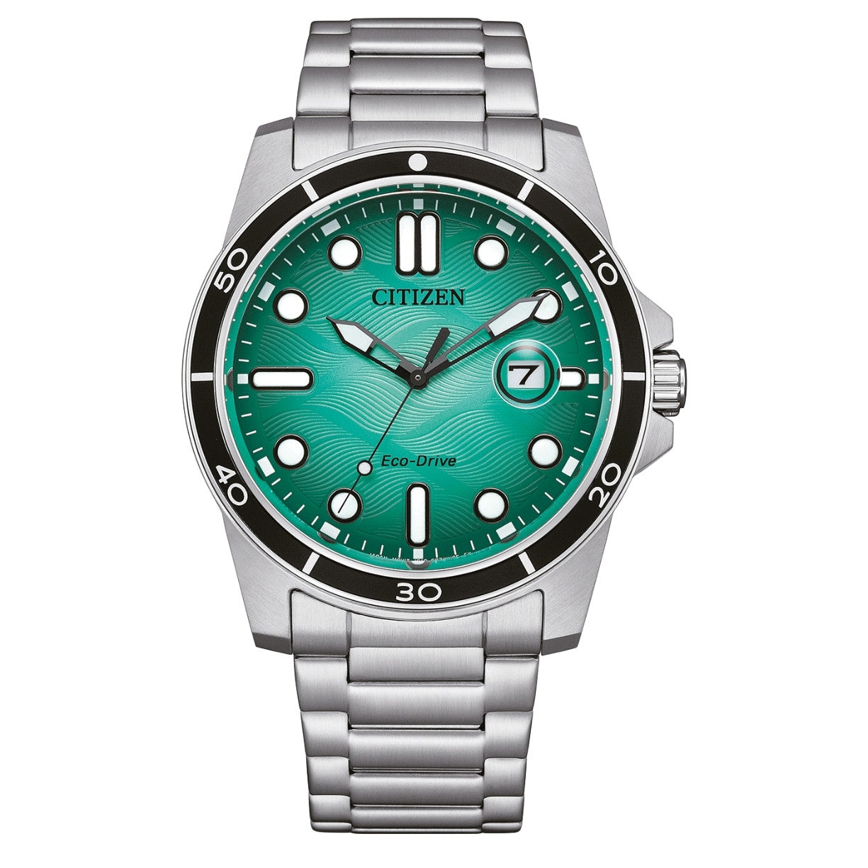 Citizen Marine Eco-Drive AW1816-89L analog herrklocka med grön urtavla och armband i rostfritt stål