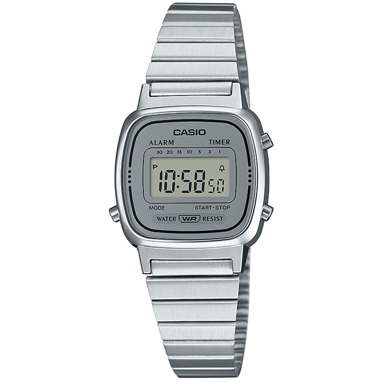 Casio Vintage LA670WEA-7EF digital herrklocka med grå urtavla och armband i rostfritt stål