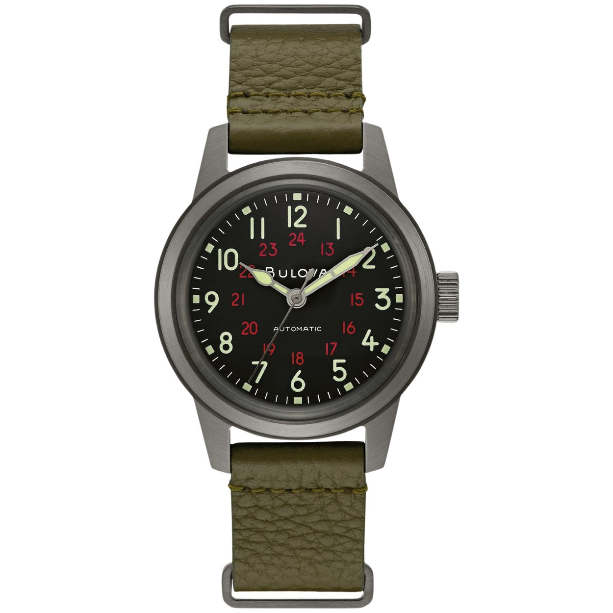 Bulova Hack Watch 98A255 analog herrklocka med grön urtavla och armband i läder
