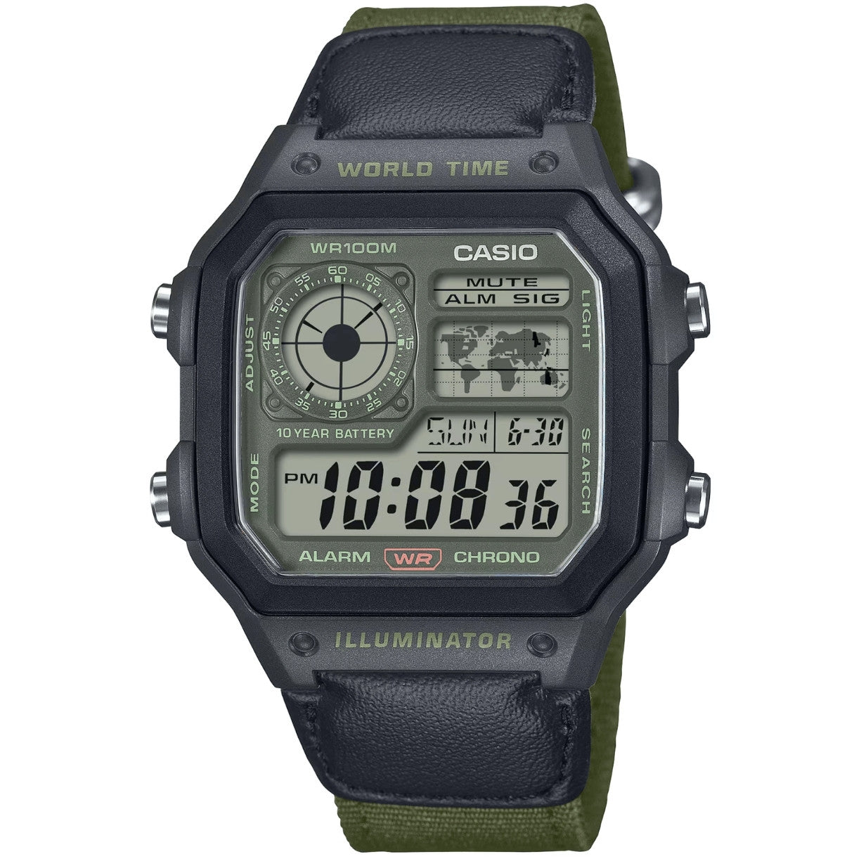 Casio Timeless AE-1200WHUB-3AVEF digital herrklocka med grön urtavla och armband i textil