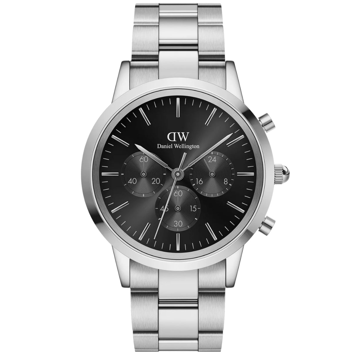 Daniel Wellington Iconic Chronograph Link Onyx S analog herrklocka med svart urtavla och armband i rostfritt stål