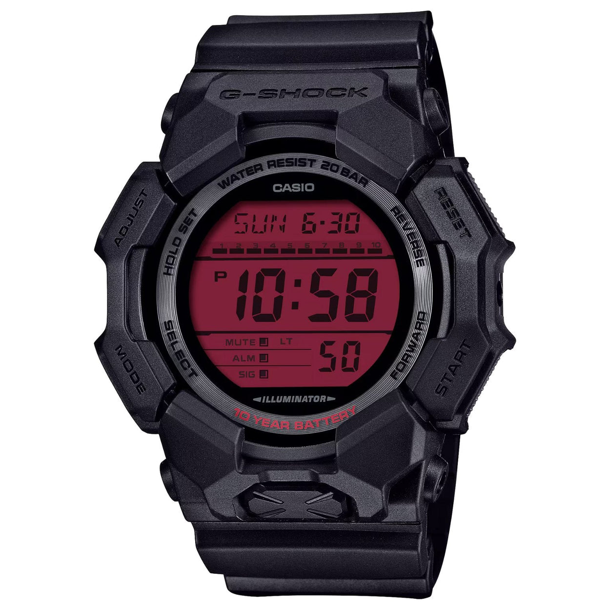Casio G-Shock GD-010BBR-1ER digital herrklocka med rött urtavla och armband i resin