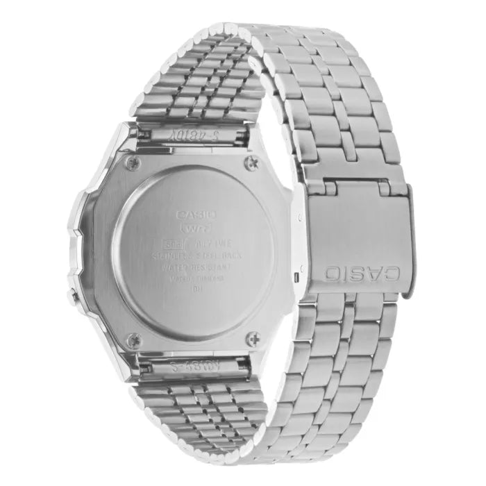 Casio Vintage A171WE-1AEF digital herrklocka med silver urtavla och armband i rostfritt stål