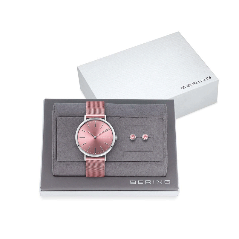 Bering Classic 14134-999-GWP analog damklocka med rosa urtavla och armband i rostfritt stål