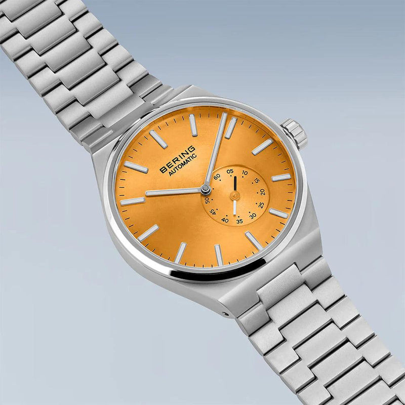 Bering Automatic 19441-701 analog herrklocka med orange urtavla och armband i rostfritt stål