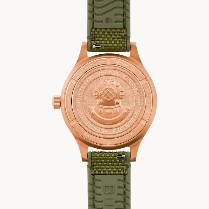 Bulova MIL-Ships 98A324 analog herrklocka med grön urtavla och armband i textil