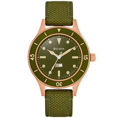 Bulova MIL-Ships 98A324 analog herrklocka med grön urtavla och armband i textil