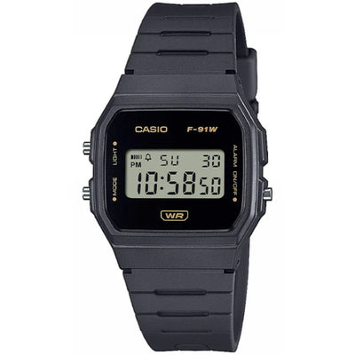 Casio Timeless F-91WB-8AEF digital unisexklocka med svart urtavla och armband i resin