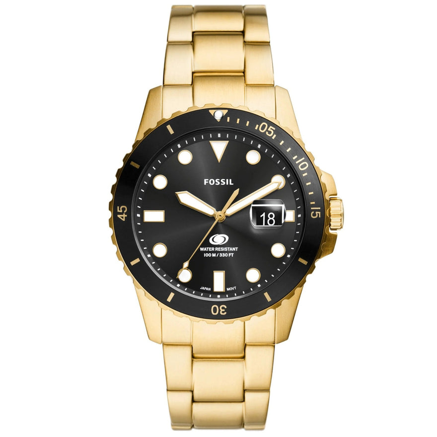 Fossil Blue Dive FS6035 analog herrklocka med svart urtavla och armband i rostfritt stål