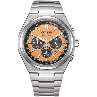 Citizen Chrono Super Titanium CA4610-85Z analog herrklocka med orange urtavla och armband i titan