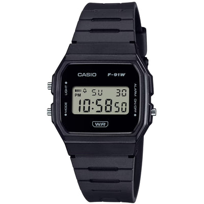 Casio Timeless F-91WB-1AEF digital herrklocka med svart urtavla och armband i resin