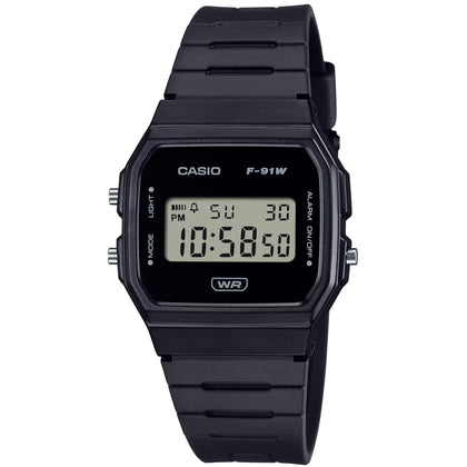 Casio Timeless F-91WB-1AEF digital herrklocka med svart urtavla och armband i resin