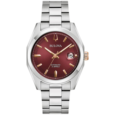 Bulova Surveyor 98B422 analog herrklocka med rött urtavla och armband i rostfritt stål