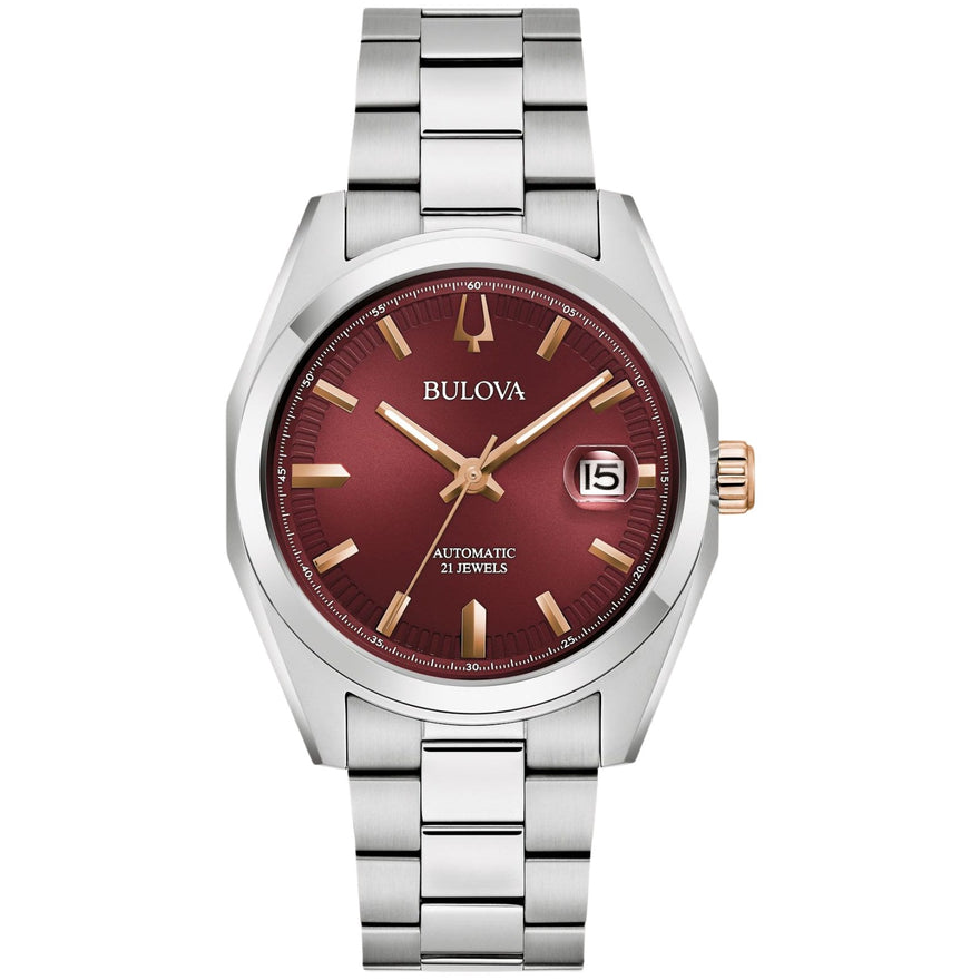 Bulova Surveyor 98B422 analog herrklocka med rött urtavla och armband i rostfritt stål