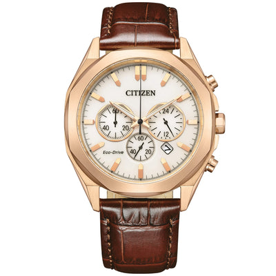 Citizen Eco Drive Chrono CA4593-15A analog herrklocka med vit urtavla och armband i läder