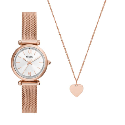 Fossil Carlie ES5314SET analog damklocka med vit urtavla och armband i rostfritt stål