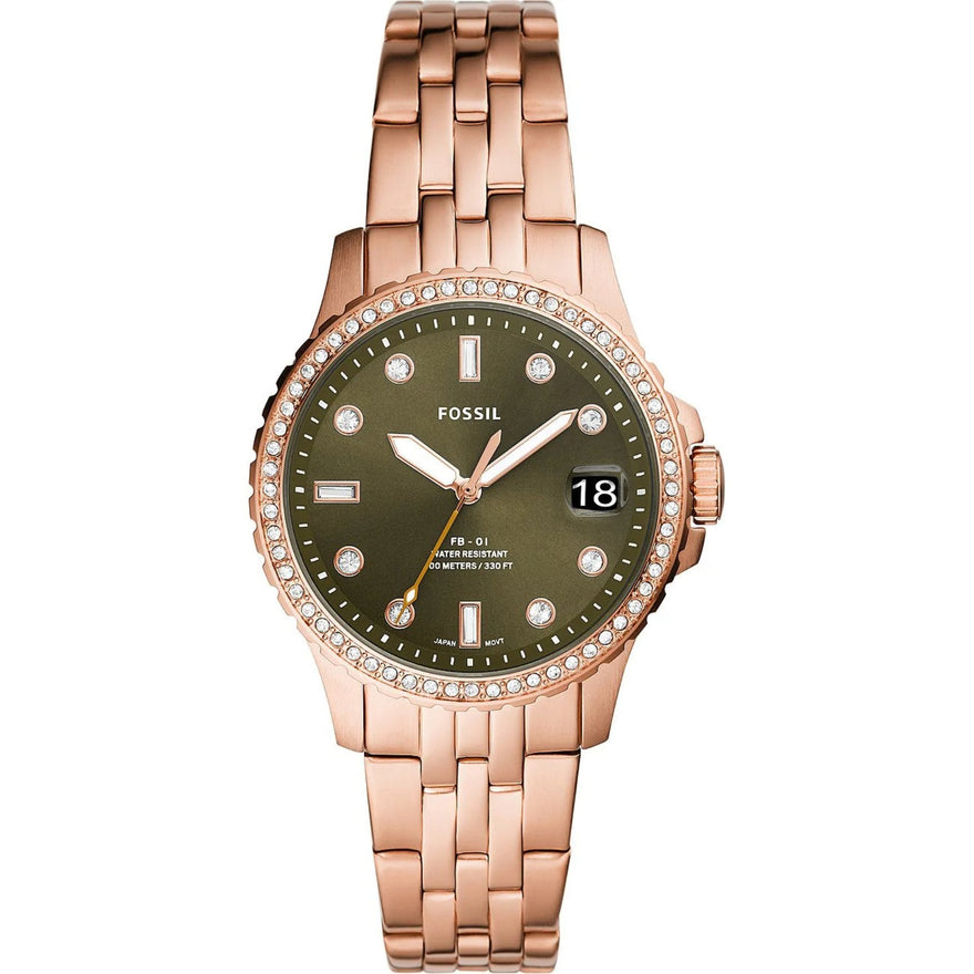 Fossil Classic ES4970 analog damklocka med grön urtavla och armband i rostfritt stål