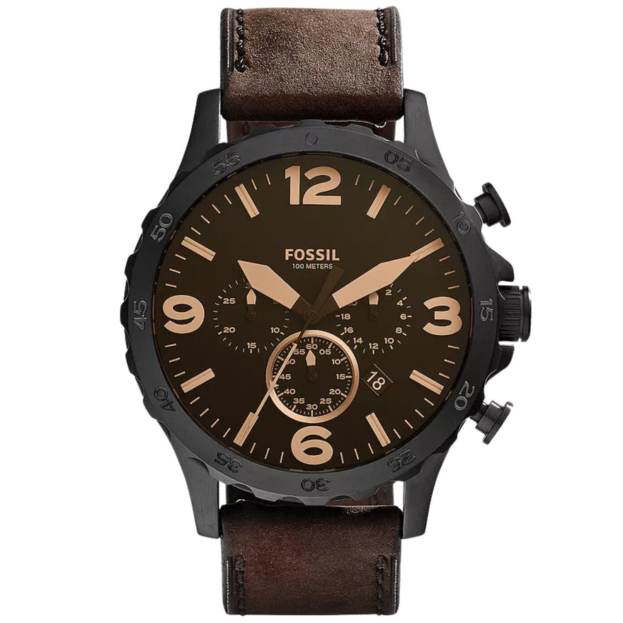 Fossil Nate JR1487 analog herrklocka med brun urtavla och armband i läder