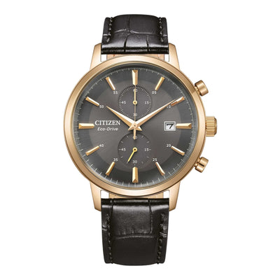 Citizen Eco-Drive Classic Chronograph CA7067-11H analog herrklocka med grå urtavla och armband i läder