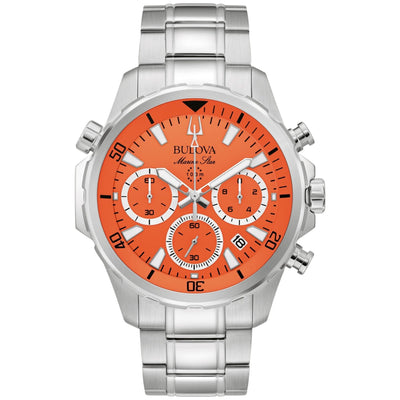 Bulova Marine Star 96B395 analog herrklocka med orange urtavla och armband i rostfritt stål