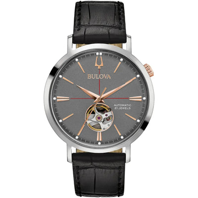 Bulova Classic Automatic 98A187 analog herrklocka med grå urtavla och armband i läder