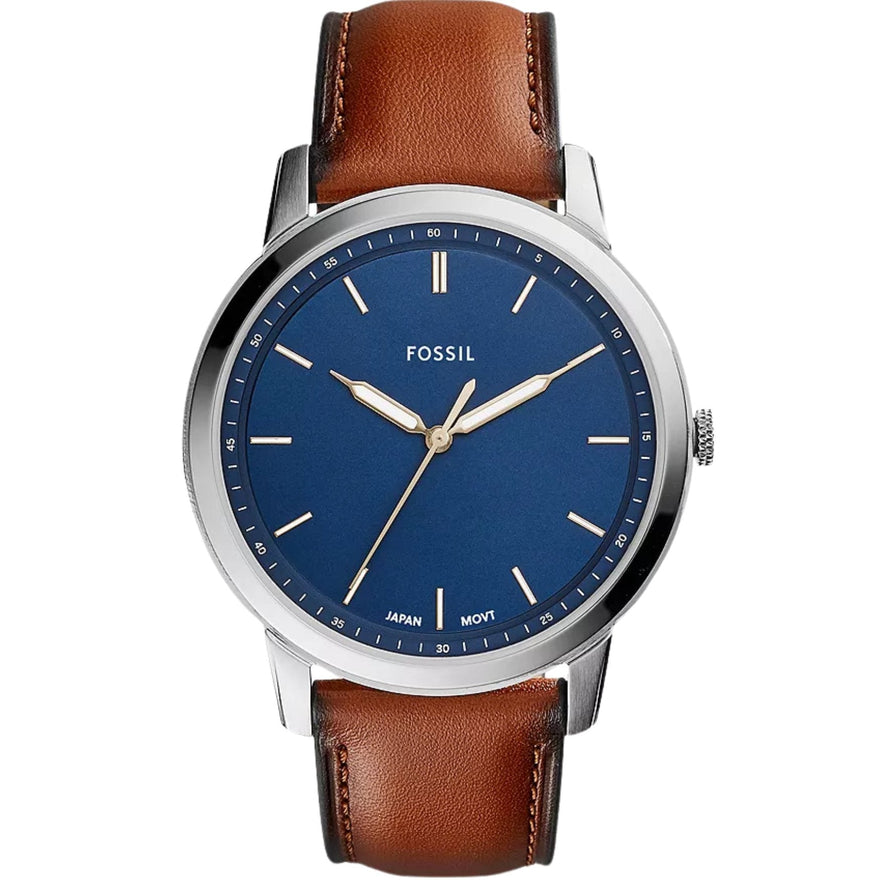 Fossil The Minimalist Slim FS5304 analog herrklocka med blå urtavla och armband i läder