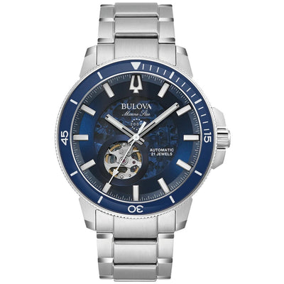 Bulova Marine Star 96A289 analog herrklocka med blå urtavla och armband i rostfritt stål