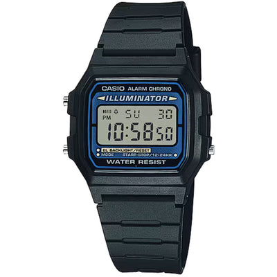 Casio Timeless F-105W-1AWYEF digital herrklocka med svart urtavla och armband i resin