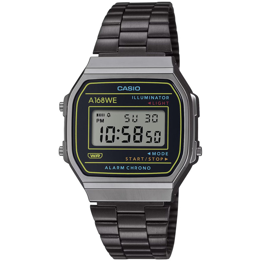 Casio Vintage A168WEHB-1AEF digital herrklocka med svart urtavla och armband i rostfritt stål