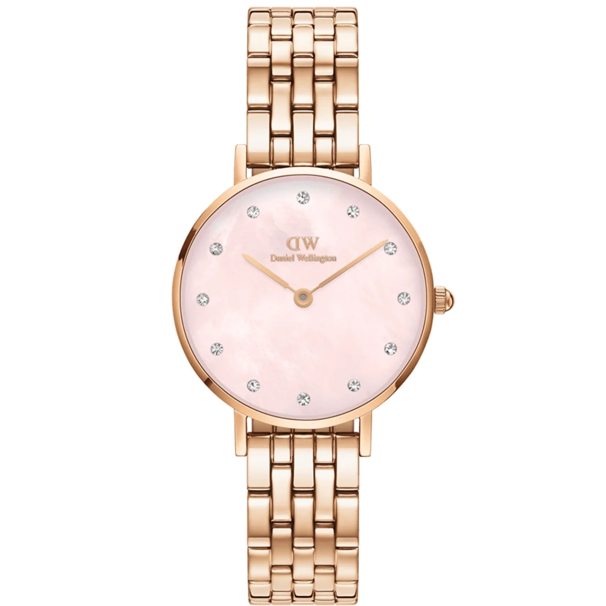 Daniel Wellington Petite Lumine 5-Link Melrose analog damklocka med rosa urtavla och armband i rostfritt stål