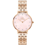 Daniel Wellington Petite Lumine 5-Link Melrose analog damklocka med rosa urtavla och armband i rostfritt stål