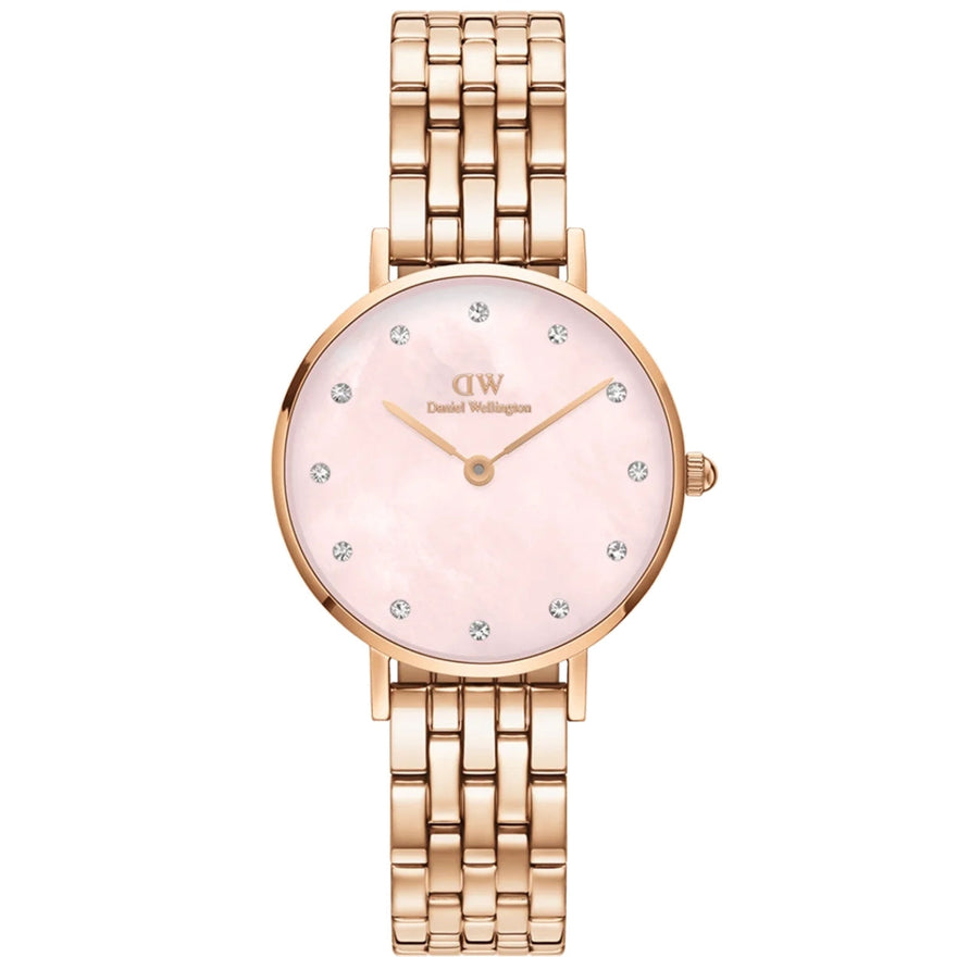 Daniel Wellington Petite Lumine 5-Link Melrose analog damklocka med rosa urtavla och armband i rostfritt stål