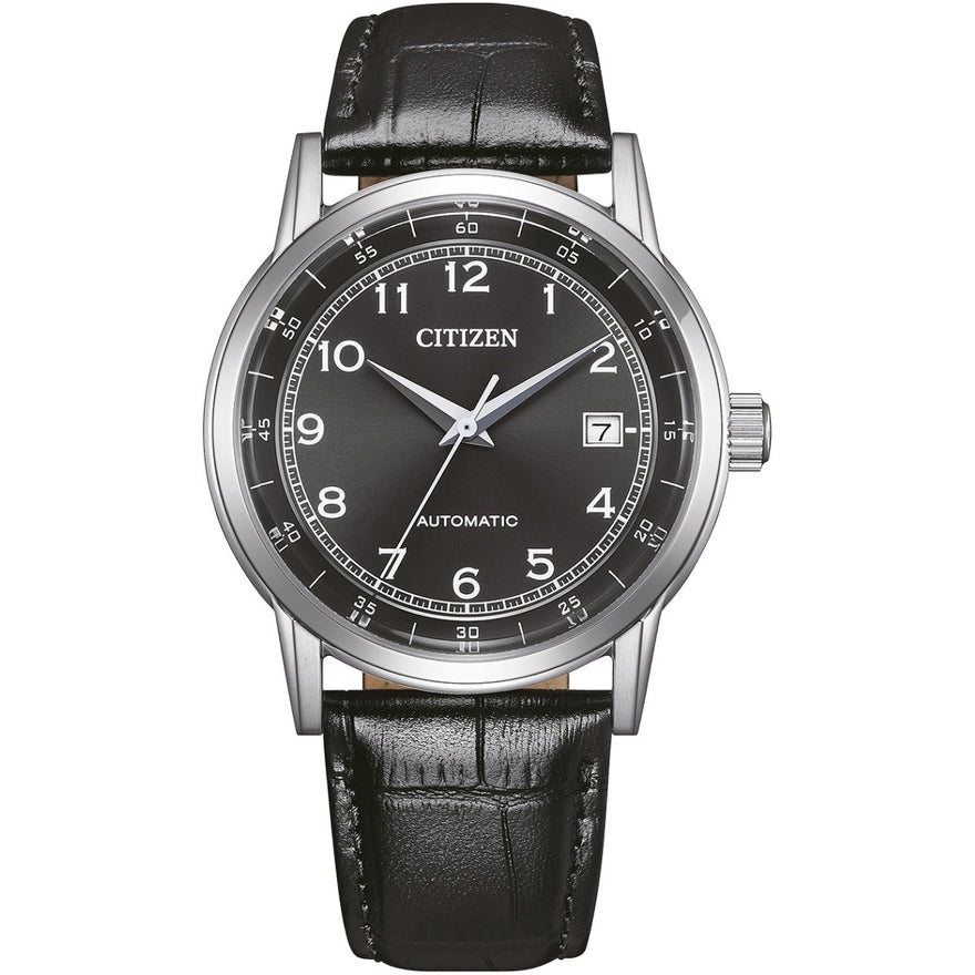 Citizen Automatisk Herrklocka NJ0210-05E analog herrklocka med svart urtavla och armband i läder