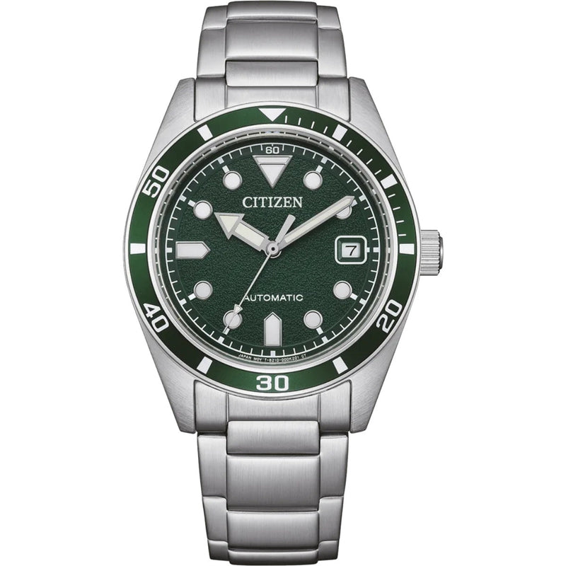 Citizen Automatic Herrklocka NJ0220-52X analog herrklocka med grön urtavla och armband i rostfritt stål