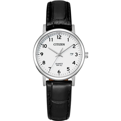 Citizen Classic EU6090-03A analog damklocka med vit urtavla och armband i läder