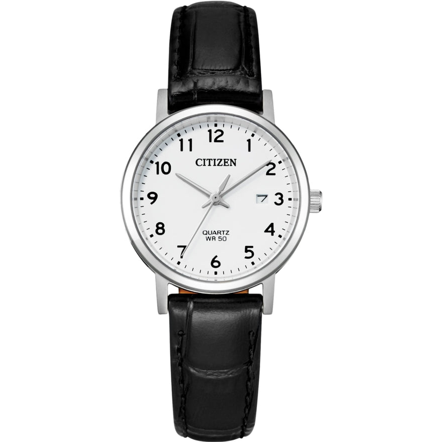 Citizen Classic EU6090-03A analog damklocka med vit urtavla och armband i läder