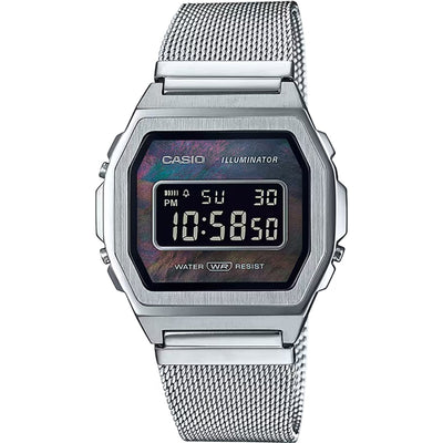 Casio Vintage A1000M-1BEF digital unisexklocka med svart urtavla och armband i rostfritt stål