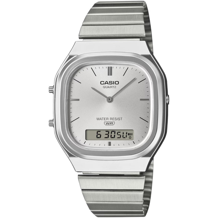 Casio Vintage AQ-240E-7AEF analog unisexklocka med silver urtavla och armband i rostfritt stål