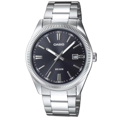 Casio Timeless MTP-1302PD-1A1VEF analog herrklocka med svart urtavla och armband i rostfritt stål