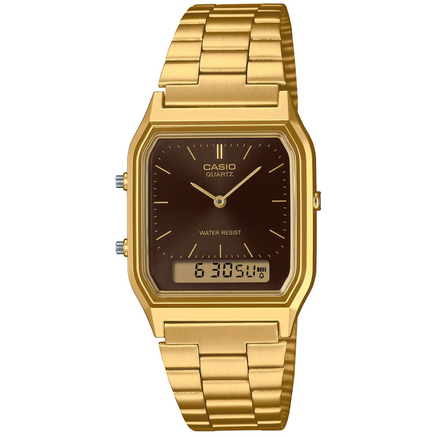 Casio Vintage AQ-230GA-5AMQYES ana-digi unisexklocka med brun urtavla och armband i rostfritt stål