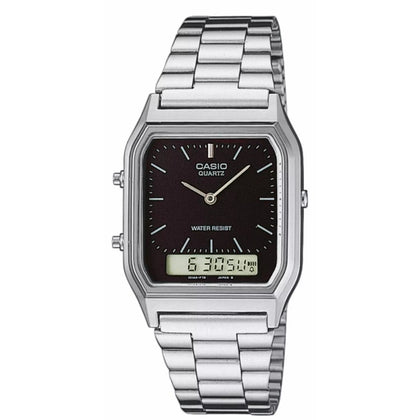 Casio Vintage AQ-230A-1DMQYES ana-digi herrklocka med svart urtavla och armband i rostfritt stål